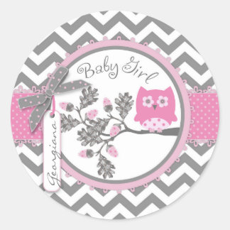 Pegatina Redonda Chevron Girl Owl Imprimir Baby Shower