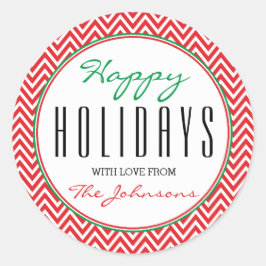 Pegatina Redonda Chevron rojo y blanco "Felices Fiestas" navidades