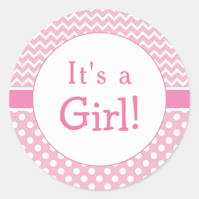 Pegatina Redonda Chevron rosado y Polkas Dot Baby Shower (Anverso)