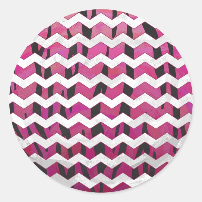 Pegatina Redonda Chevron Tiger Hot Pink and Black Print (Anverso)
