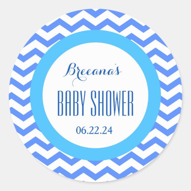 Pegatina Redonda CHEVRONS Boy Baby Shower Name Date V06 BLUE (Anverso)