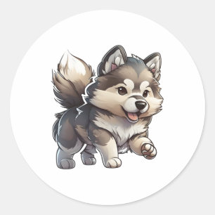Pegatina Redonda Chibi Alaskan Malamute