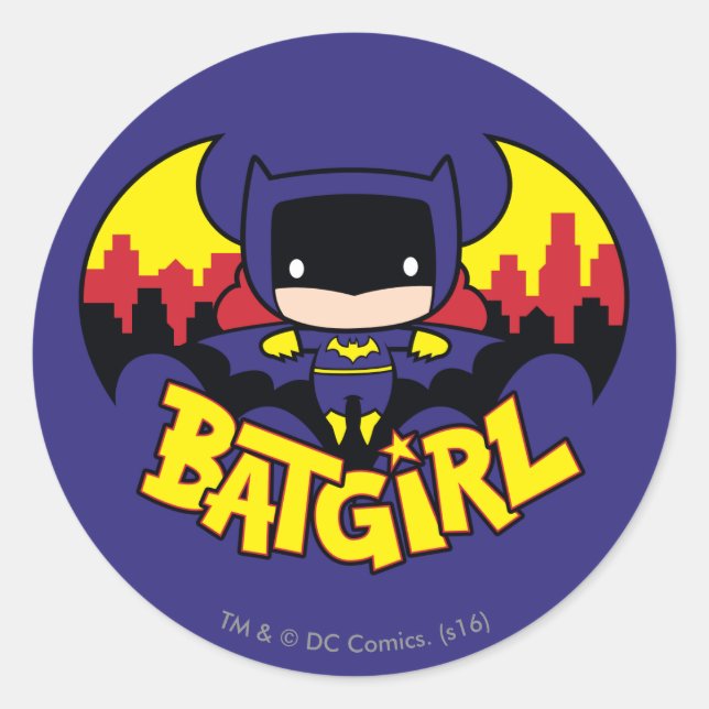 Pegatina Redonda Chibi Batgirl Con Skyline Y Logo Gótico (Anverso)