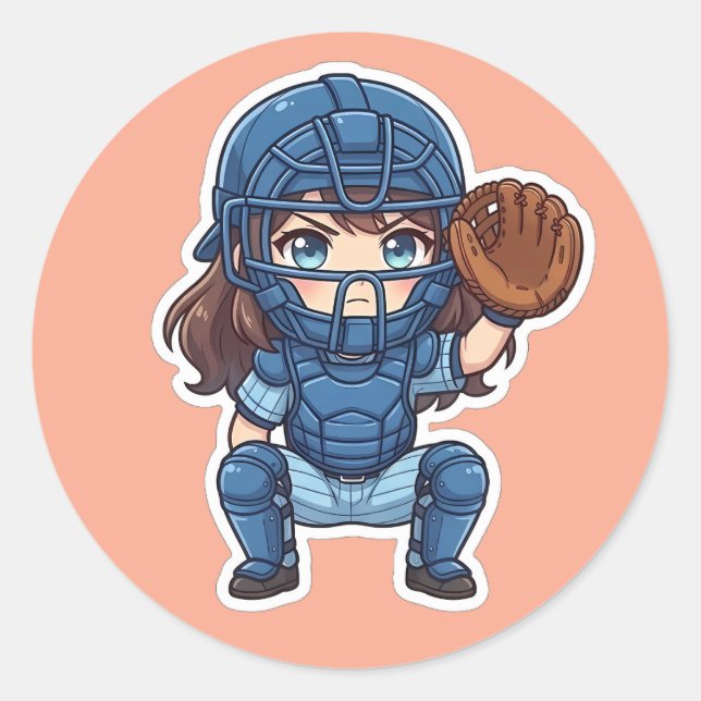 Pegatina Redonda Chibi Béisbol Edición 2026 - Sentadilla de Recepto (Anverso)