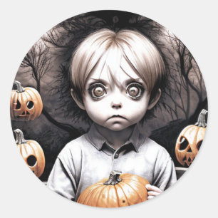 Pegatina Redonda Chibi Boy cremoso con Halloween de calabaza