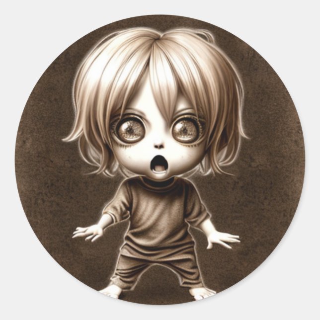 Pegatina Redonda Chibi Child Halloween de Ojos Grandes asustado (Anverso)