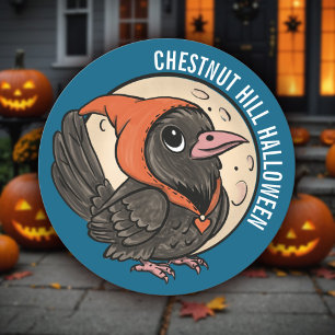 Pegatina Redonda Chibi Crow & Full Moon Cute Halloween School Tret