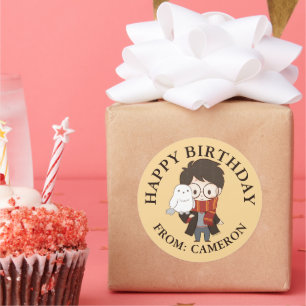Pegatina Redonda Chibi HARRY POTTER™ y Hedwig   Cumpleaños feliz