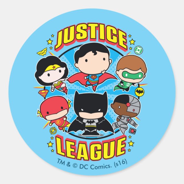 Pegatina Redonda Chibi Justice League Group (Anverso)
