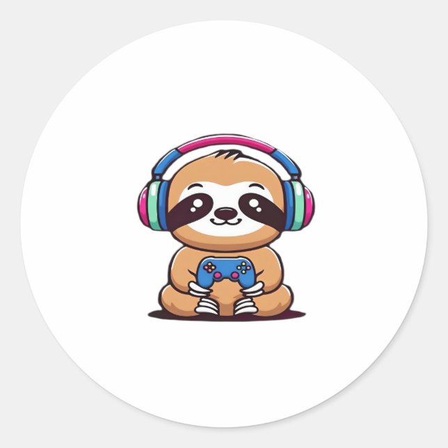 Pegatina Redonda Chibi Kawaii Sloth Gamer - Animal gracioso con (Anverso)