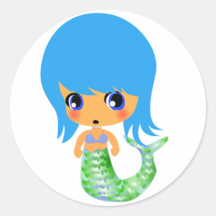 Pegatina Redonda chibi mágico de la sirena pelo azul