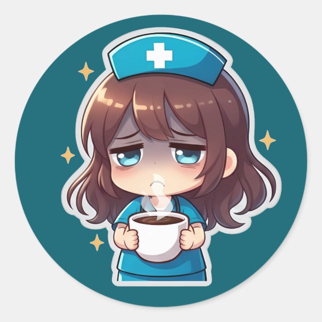 Pegatina Redonda Chibi Nurse Original - Café con Cansancio (Anverso)