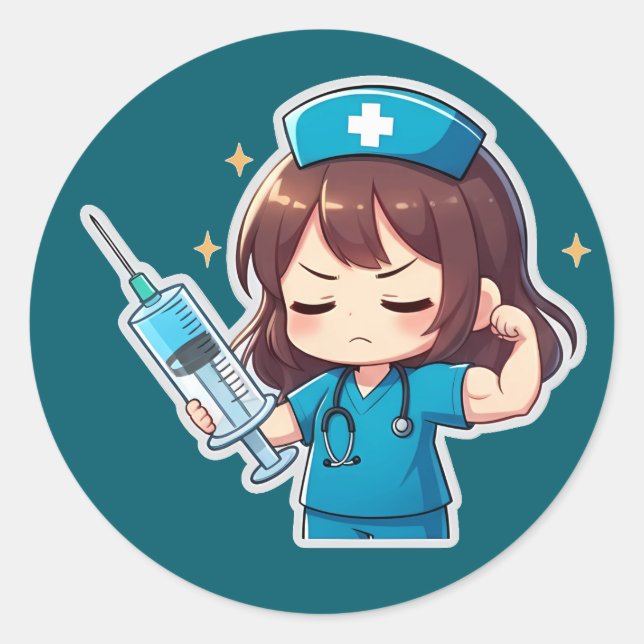 Pegatina Redonda Chibi Nurse Original - Poder Médico (Anverso)