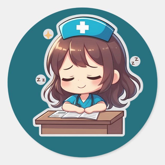 Pegatina Redonda Chibi Nurse Original - Un poco de agotamiento (Anverso)