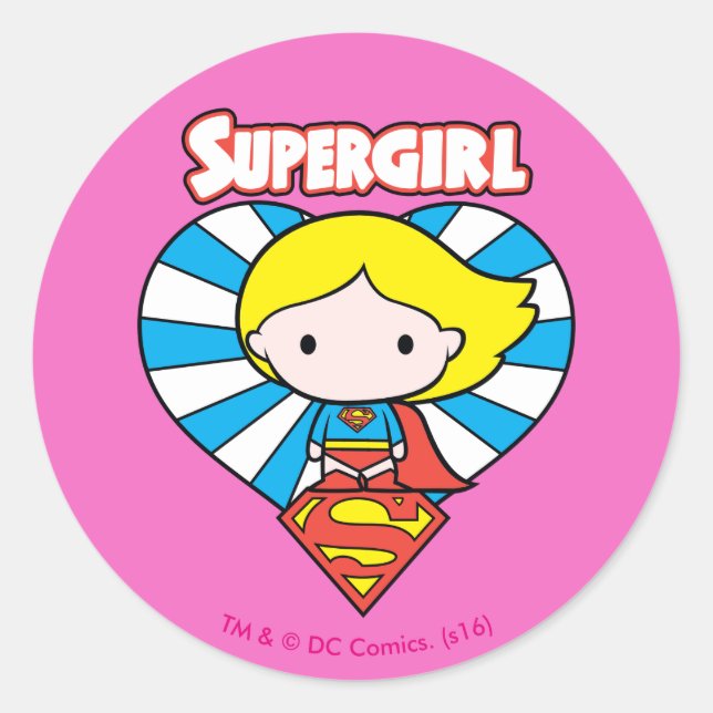 Pegatina Redonda Chibi Supergirl Starburst Heart and Logo (Anverso)
