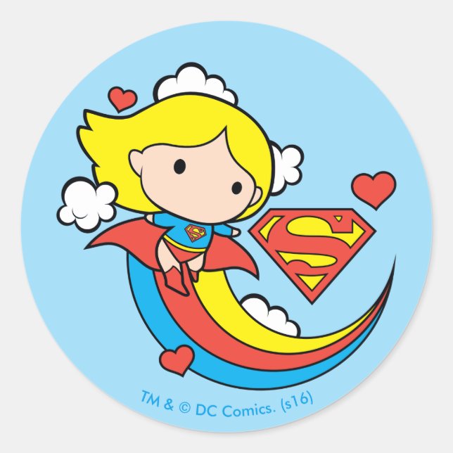 Pegatina Redonda Chibi Supergirl Volando Arcoiris (Anverso)