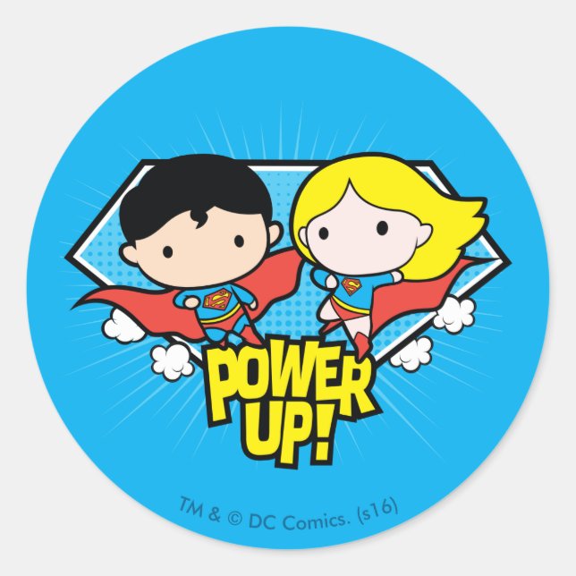 Pegatina Redonda ¡Chibi Superman & Chibi Supergirl Power Up! (Anverso)