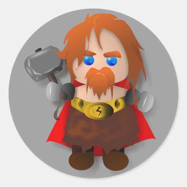 Pegatina Redonda Chibi Thor con martillo (Anverso)