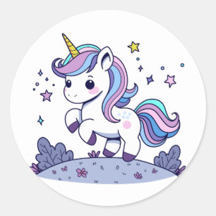Pegatina Redonda Chibi Unicorn Púrpura Azul Rosa