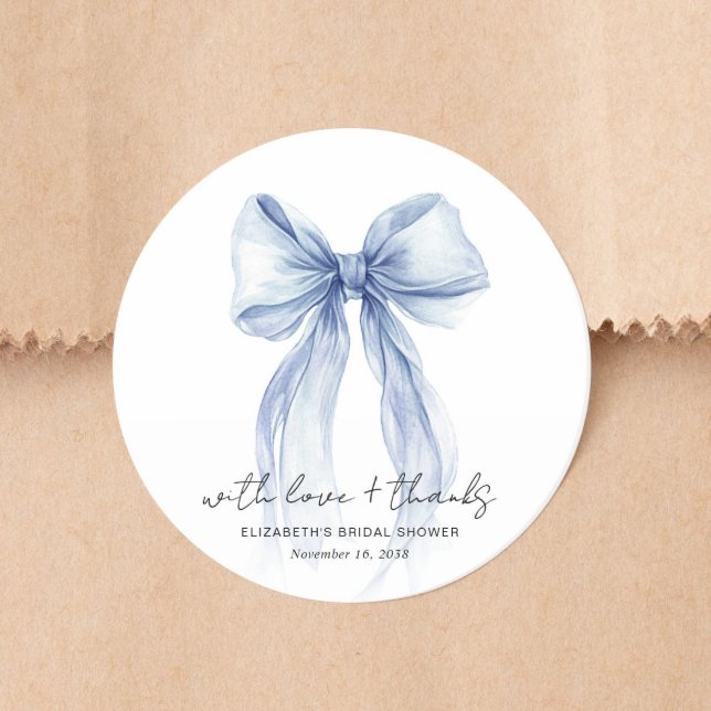 Pegatina Redonda Chic Arcoíris Azul Agradecimiento de Boda de Acuar (Chic Blue Bow Watercolor Bridal Shower Thank You Classic Round Sticker)