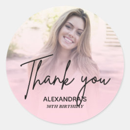 Pegatina Redonda Chic Blush Pink Gradient Photo Birthday Thank you