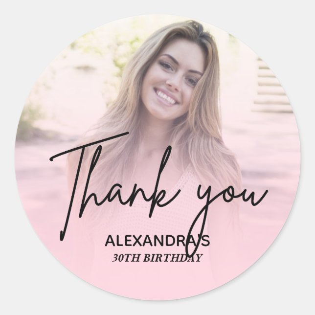 Pegatina Redonda Chic Blush Pink Gradient Photo Birthday Thank you (Anverso)