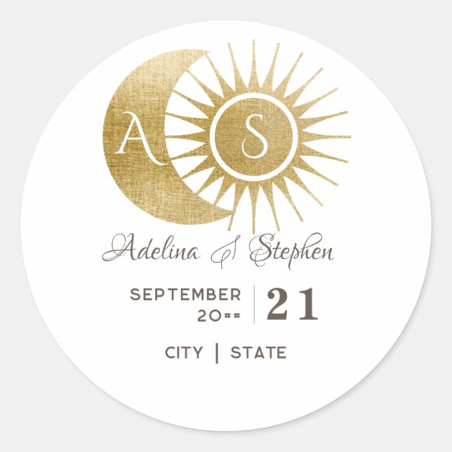 Pegatina Redonda Chic Celestial Blanco Oro Sol Luna Cresta Monogram (Anverso)