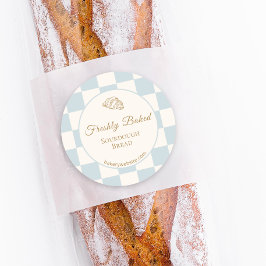 Pegatina Redonda Chic Checkered Blue Croissant Bakery Product 