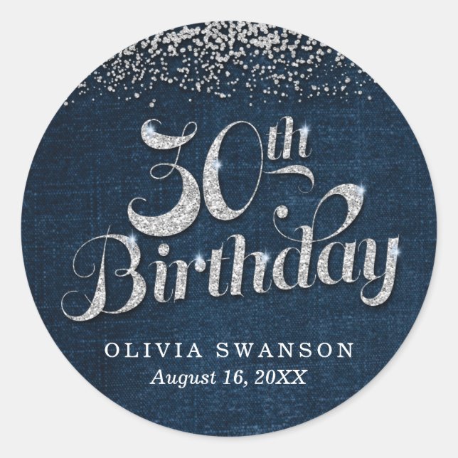 Pegatina Redonda Chic Denim & Diamonds Cumpleaños 30 (Anverso)