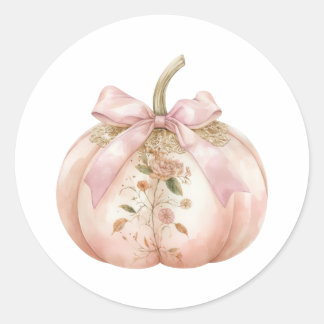 Pegatina Redonda Chic Deslucido Floral Calabaza Coqueta Otoño Rosa