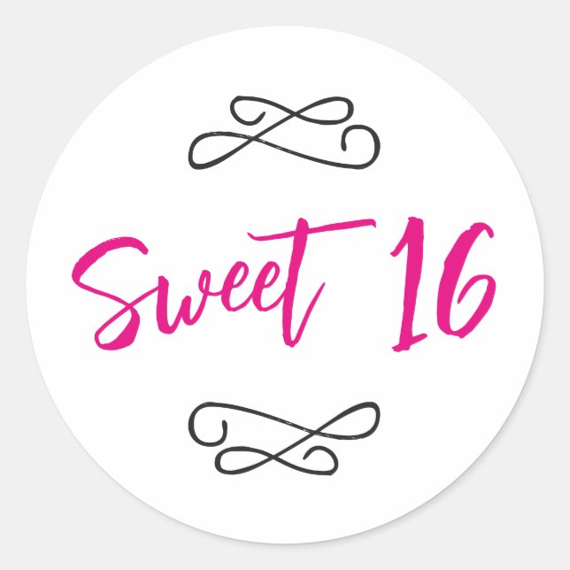 Pegatina Redonda Chic Doodle Moderno Script Dulces 16 Rosa Caliente (Anverso)