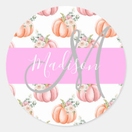 Pegatina Redonda Chic Floral Blanco Rosa Melocotón Calabaza Monogra