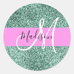 Pegatina Redonda Chic Glam Rosa Verde Brillante Chispa Monograma No