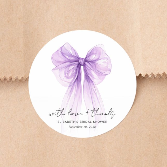 Pegatina Redonda Chic lazo púrpura acuarela Despedida de soltera Ag (Chic Purple Bow Watercolor Bridal Shower Thank You Classic Round Sticker)