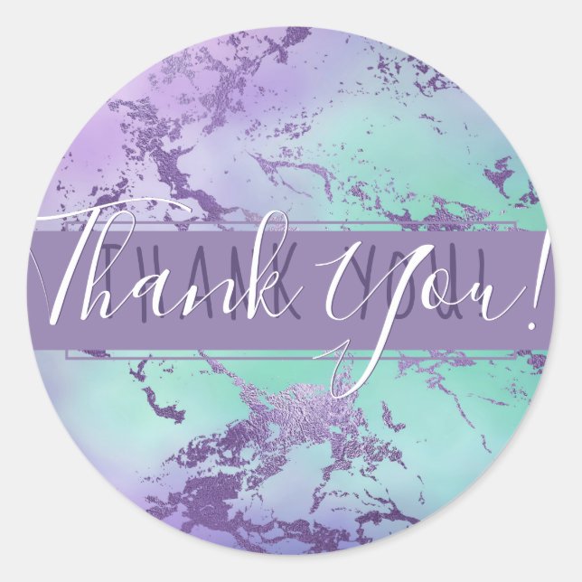 Pegatina Redonda Chic Mármol | Lavanda Verde Menta Púrpura Gracias (Anverso)