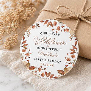 Pegatina Redonda Chic Moderno Cumpleaños 1er año Niña Script Flor S