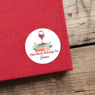 Pegatina Redonda Chic Personalizado Este Libro Pertenece Al Vino