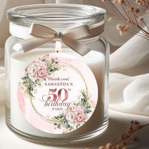 Pegatina Redonda Chic Rosa Dorado Polvo Rosa Floral 50 Cumpleaños