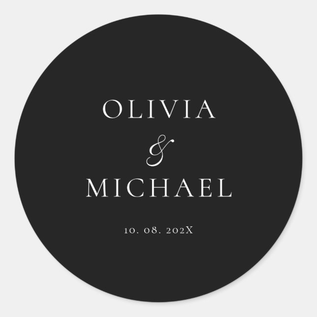 Pegatina Redonda Chic Script Black Minimalist Wedding (Anverso)