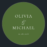 Pegatina Redonda Chic Script Forest Green Minimalist Wedding<br><div class="desc">Add a personal and elegant touch to your wedding favors, envelopes, or packaging with this minimalist round sticker featuring your custom name in a graceful script font. Designed to complement a modern and timeless wedding theme, this classic forest green and white design pairs beautifully with any part of your celebration....</div>