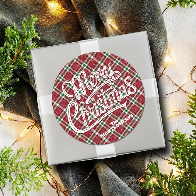 Pegatina Redonda Chic Sparkly Plaid Christmas  (Chic faux sparkly plaid Christmas round stickers - 3" shown or 1-1/2")