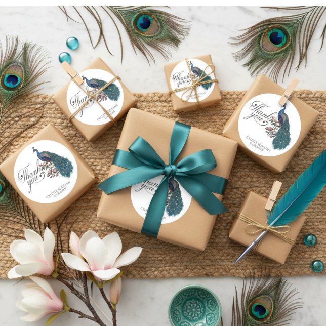 Pegatina Redonda Chic Teal Peacock Gracias (Elegant Peacock Wedding Thank You Stickers. Teal  Script, Chic Blue Teal Peacock for Bridal Shower)