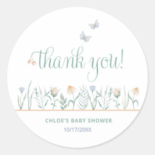 Pegatina Redonda Chic Wildflower Butterfly Baby Shower Agradecimien