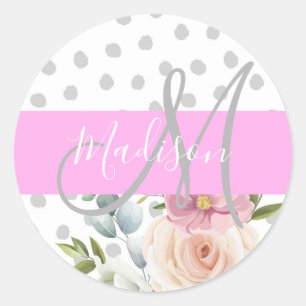 Pegatina Redonda Chic y Femenino Floral Blanco Rosa Gris Monograma