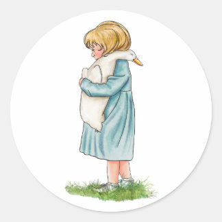 Pegatina Redonda Chica abrazando ganso hecho a mano (Beatrix Potter