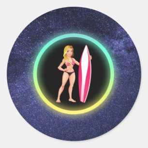 Pegatina Redonda Chica Adolescente Surfista Rubia Galaxia