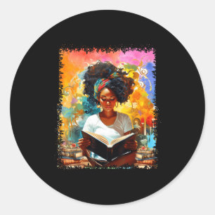 Pegatina Redonda Chica Afro Educada Amante De Leer Libro Historia N