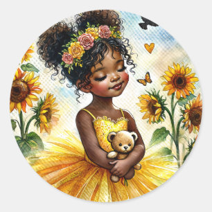 Pegatina Redonda Chica afroamericano de girasol con oso de peluche