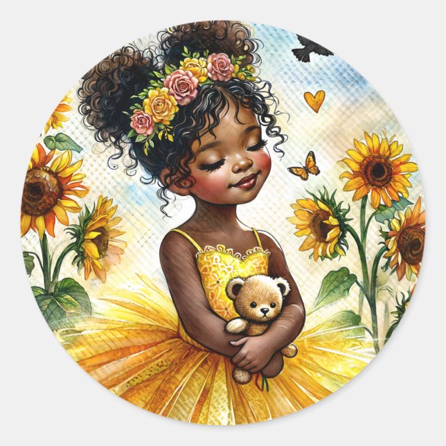 Pegatina Redonda Chica afroamericano de girasol con oso de peluche (Anverso)