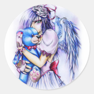 Pegatina Redonda Chica ángel gótico rosa anime con osito de peluche